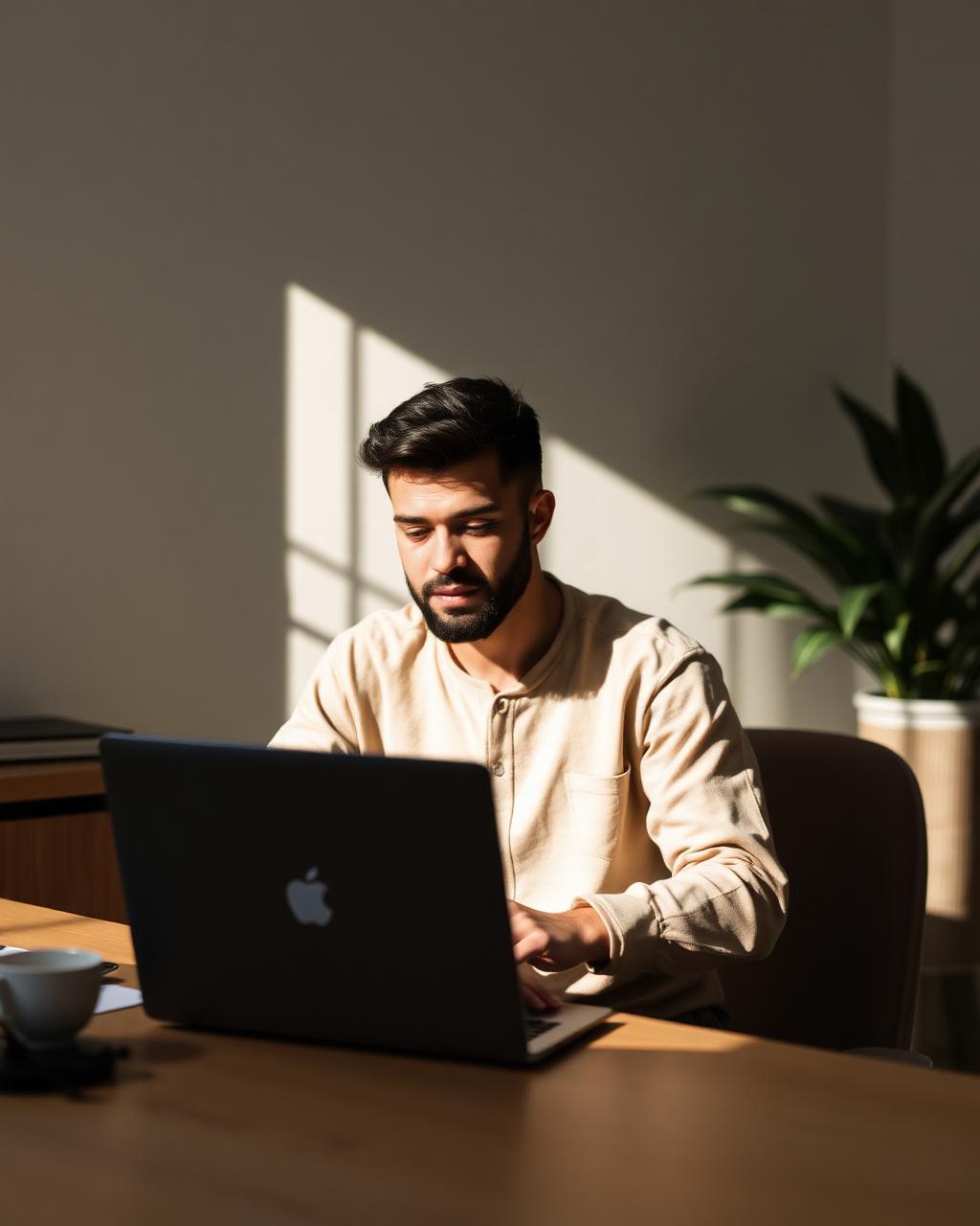Adult learner working on a laptop in a sunlit workspace